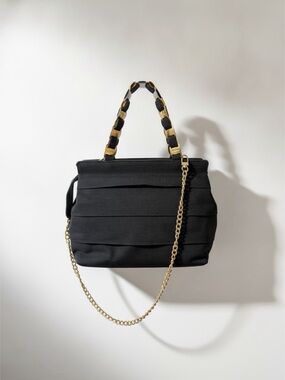 Salvatore Ferragamo Vintage Vara Ribbon Tote Black Grosgrain Gold Chain Bag